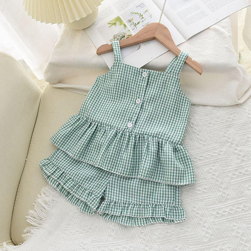 Summer Girls Ruffled Plaid Suspender Shorts Set